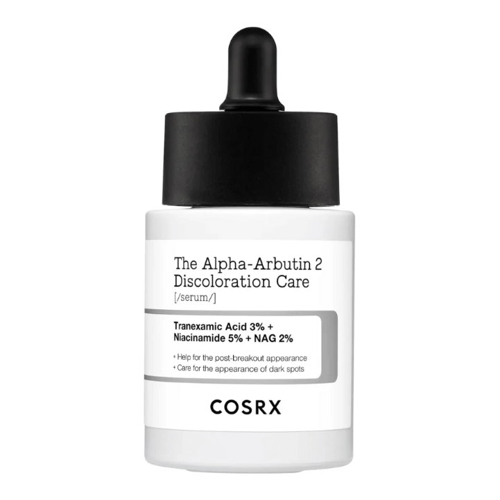 COSRX The Alpha-Arbutin 2 Discoloration Care serum bottle showcasing its brightening ingredients.