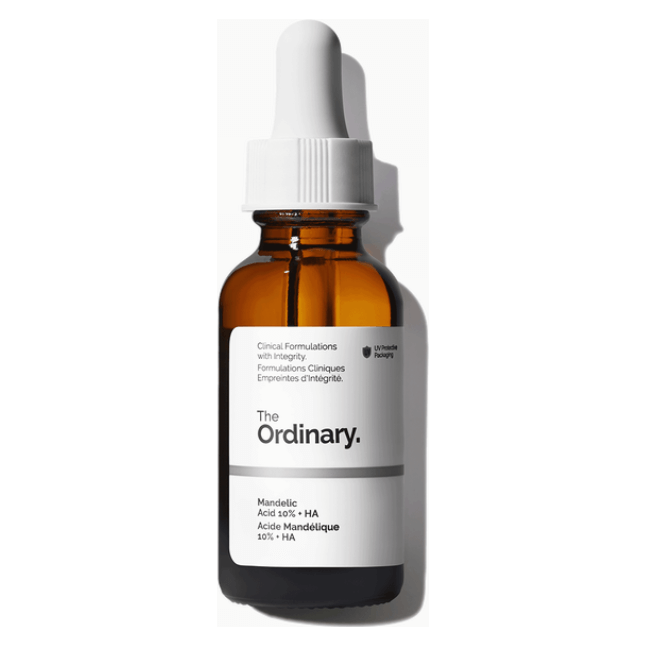 The Ordinary Mandelic Acid 10%+HA serum, a gentle exfoliator for rejuvenating skin and reducing acne.