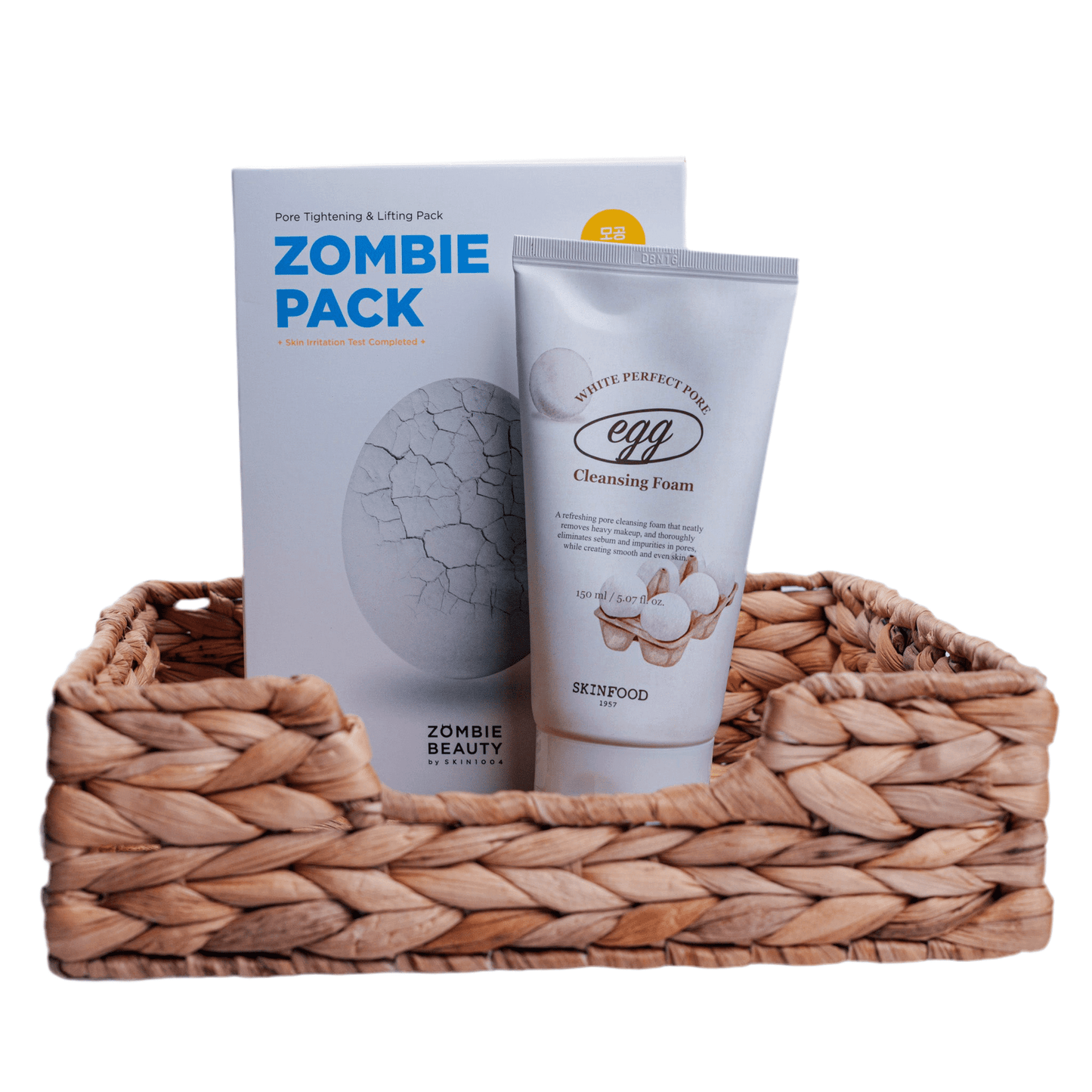 Anti-aging Routine 2 featuring SKINFOOD Egg White Perfect Pore Cleansing Foam and Zombie Pack in a woven basket.