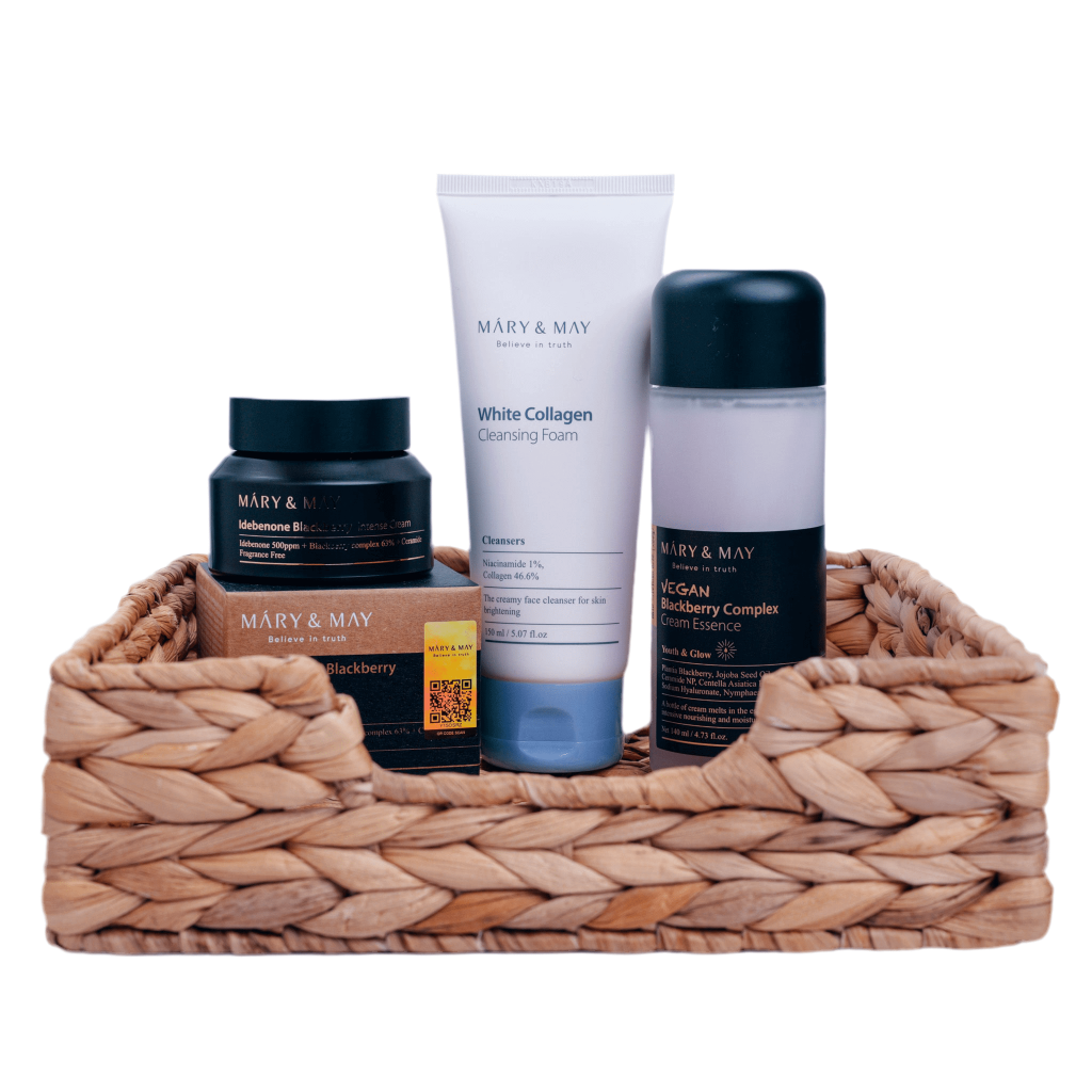 Anti-aging Routine 4 featuring MARY & MAY White Collagen Cleansing Foam and related skincare products in a woven basket.