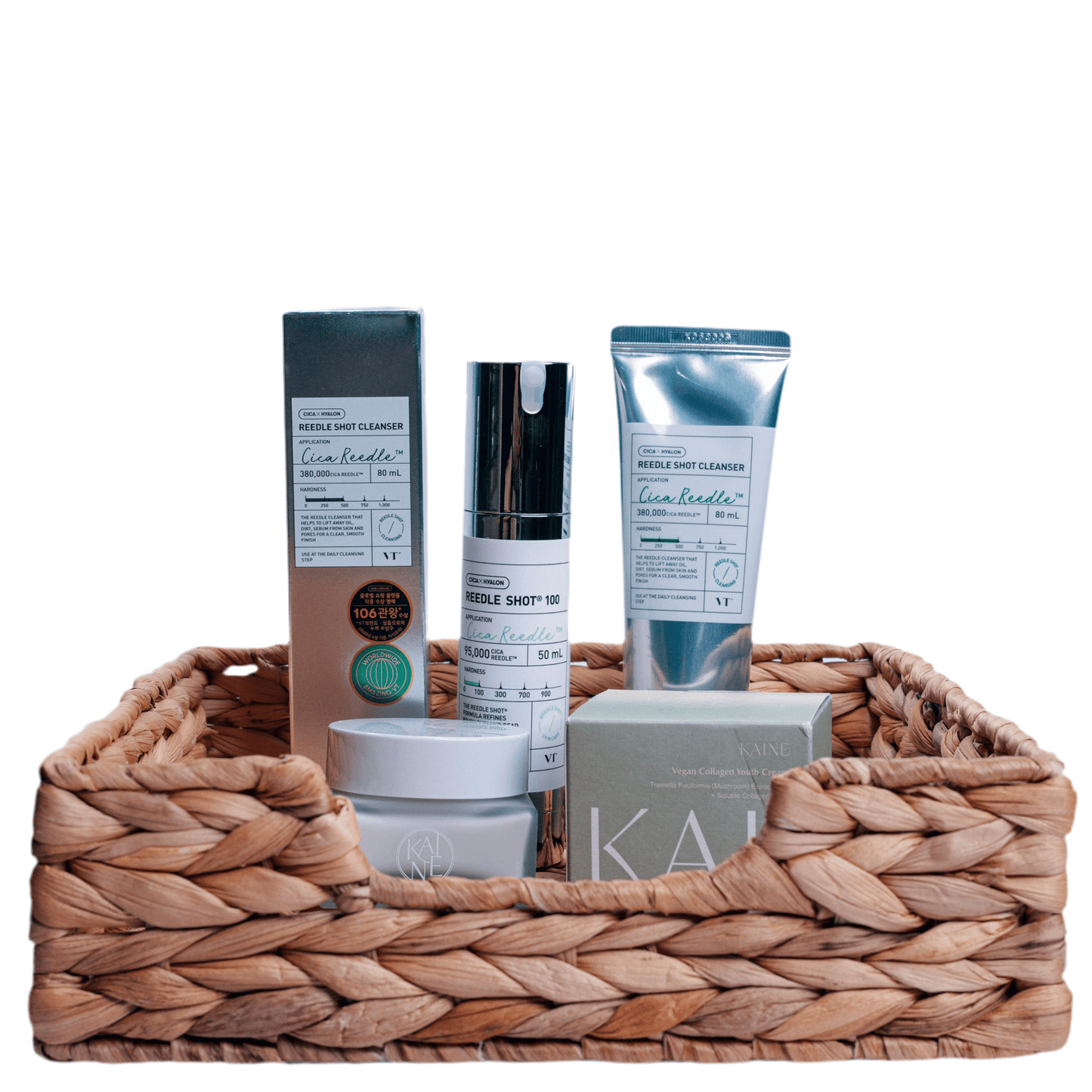 Anti-aging Routine 1 skincare products displayed in a woven basket for healthy skin nourishment.