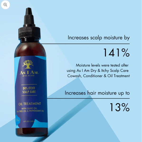 As I Am Dry & Itchy Scalp Care Oil Treatment shown with benefits of increased scalp and hair moisture.
