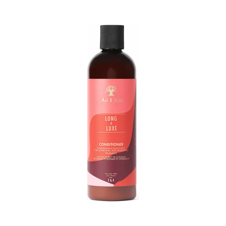 As I Am Long & Lux Conditioner bottle, designed for curly and coiled hair types, promoting hydration and shine.