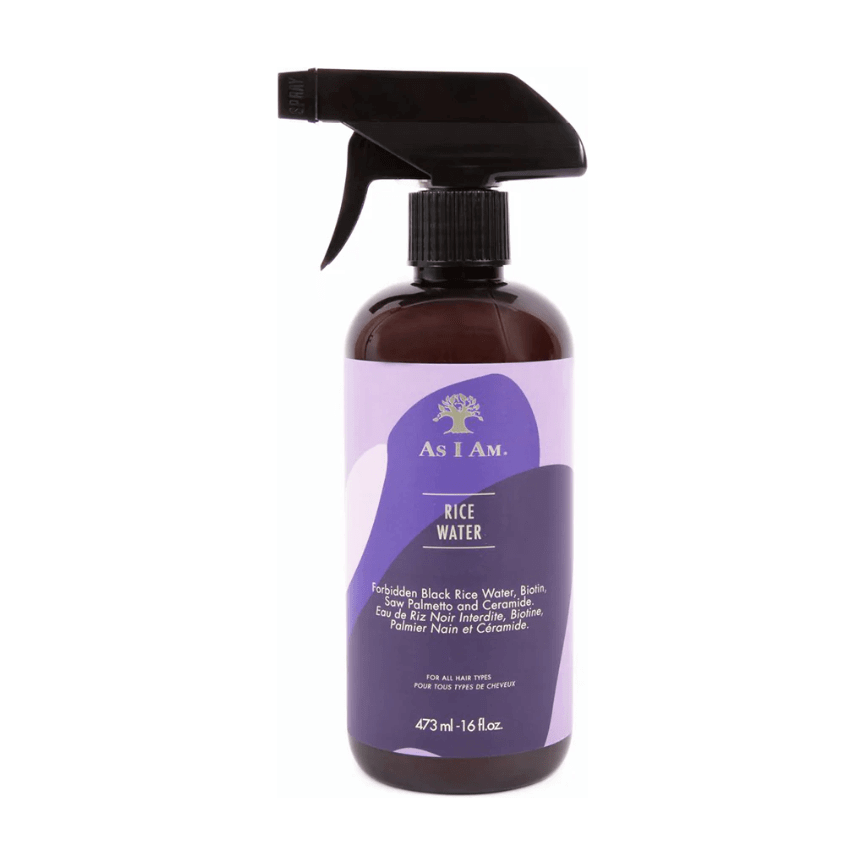 As I Am Rice Water Spray bottle featuring Forbidden Black Rice Water and biotin for healthy hair.