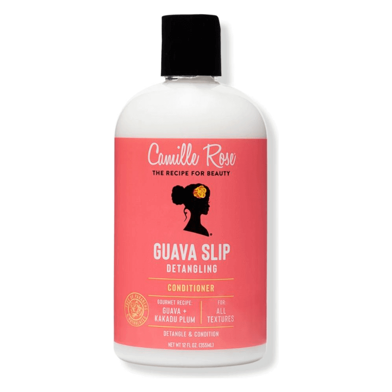 Camille Rose Guava Slip Detangling Conditioner bottle with pink label and black cap.