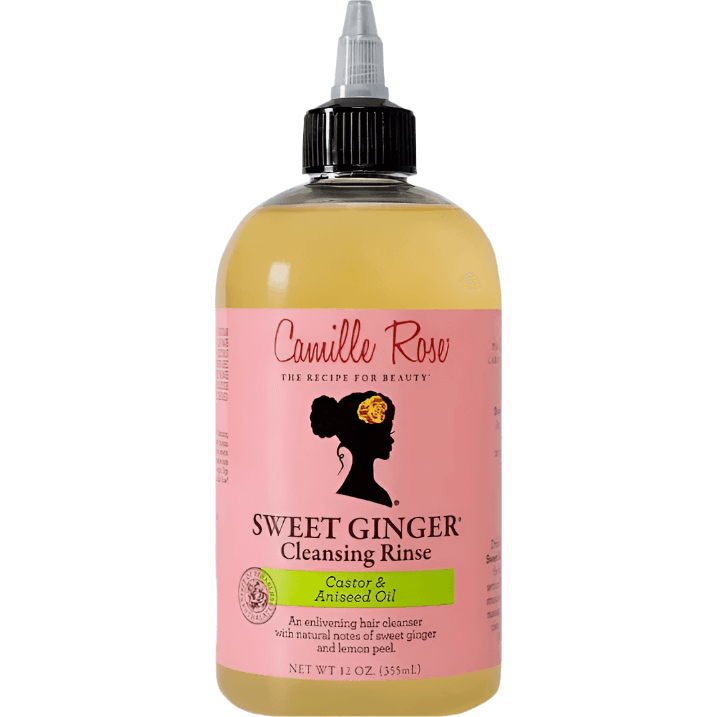 Camille Rose Sweet Ginger Cleansing Rinse bottle featuring moisturizing ingredients and invigorating aroma.