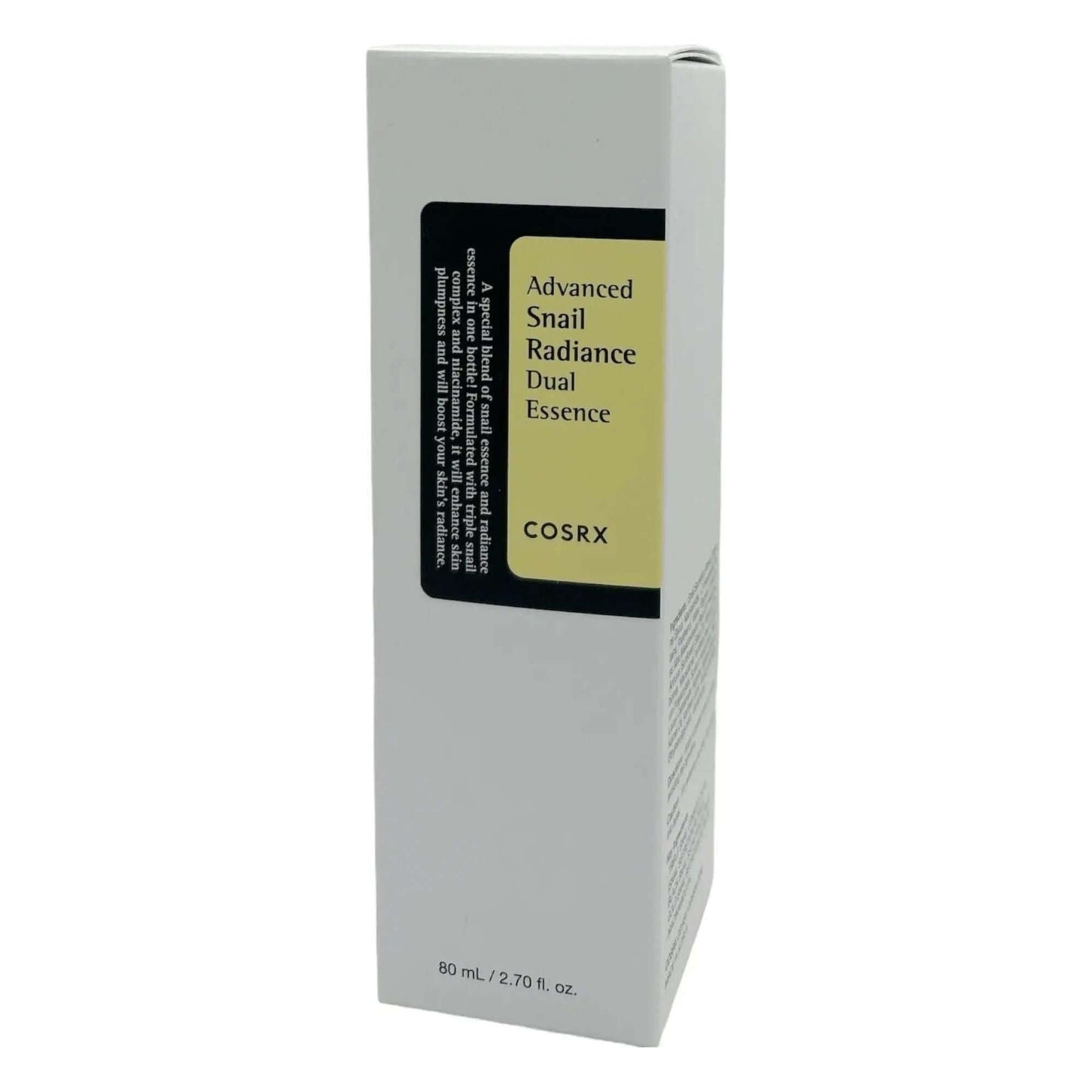 COSRX Advanced Snail Radiance Dual Essence 80ml packaging showing product details and branding.