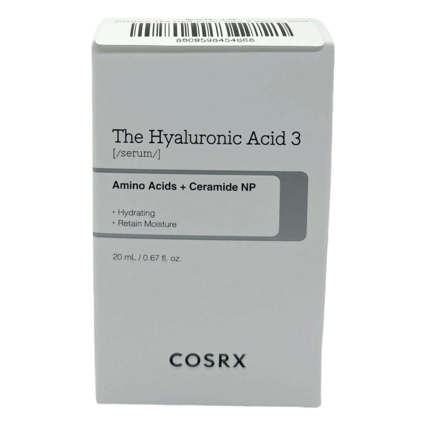 COSRX The Hyaluronic Acid 3 Serum 20ml product packaging featuring hydrating formula and moisture retention benefits.