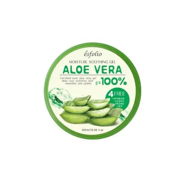 ESFOLIO Moisture Soothing Gel Aloe Vera 100% 300ml packaging featuring aloe slices and green accents.
