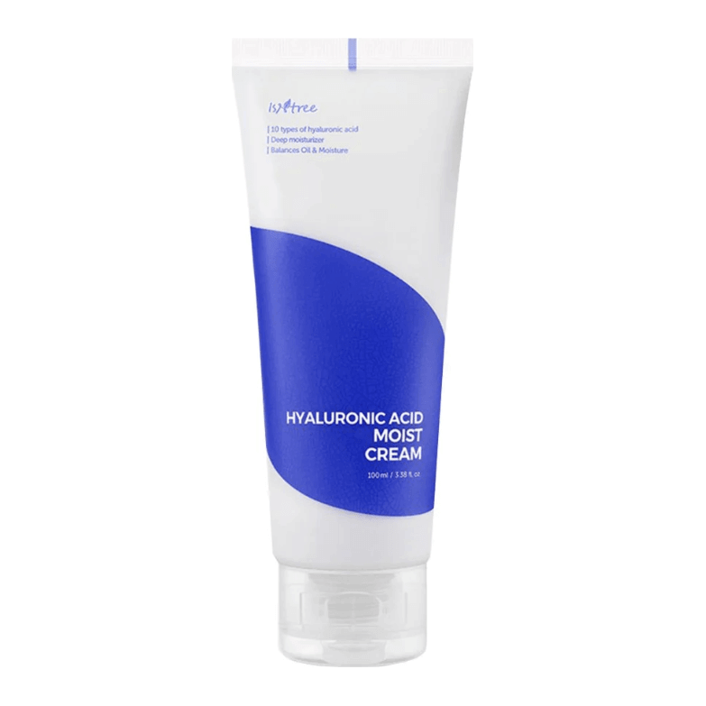 Isntree Hyaluronic Acid Moist Cream tube, showcasing its hydrating formula for intense moisture and skin elasticity.
