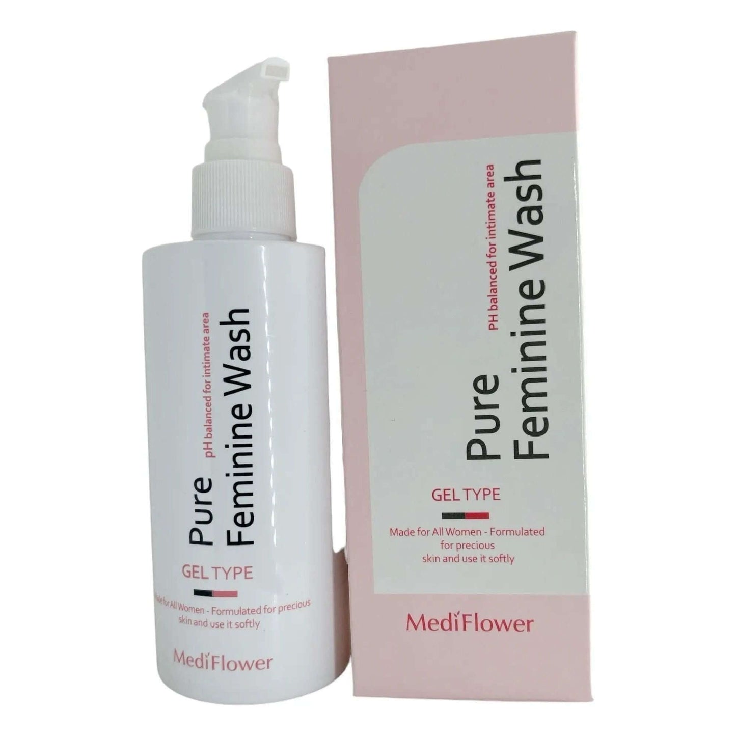 MEDIFLOWER Pure Feminine Wash 200ml in a pump bottle with packaging, designed for sensitive skin, pH balanced gel.