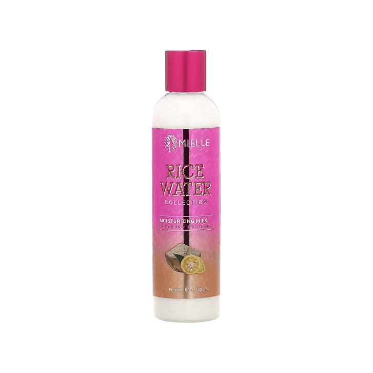 Mielle Organics Rice Water Moisturizing Milk bottle, infused with nourishing oils for dry hair hydration.
