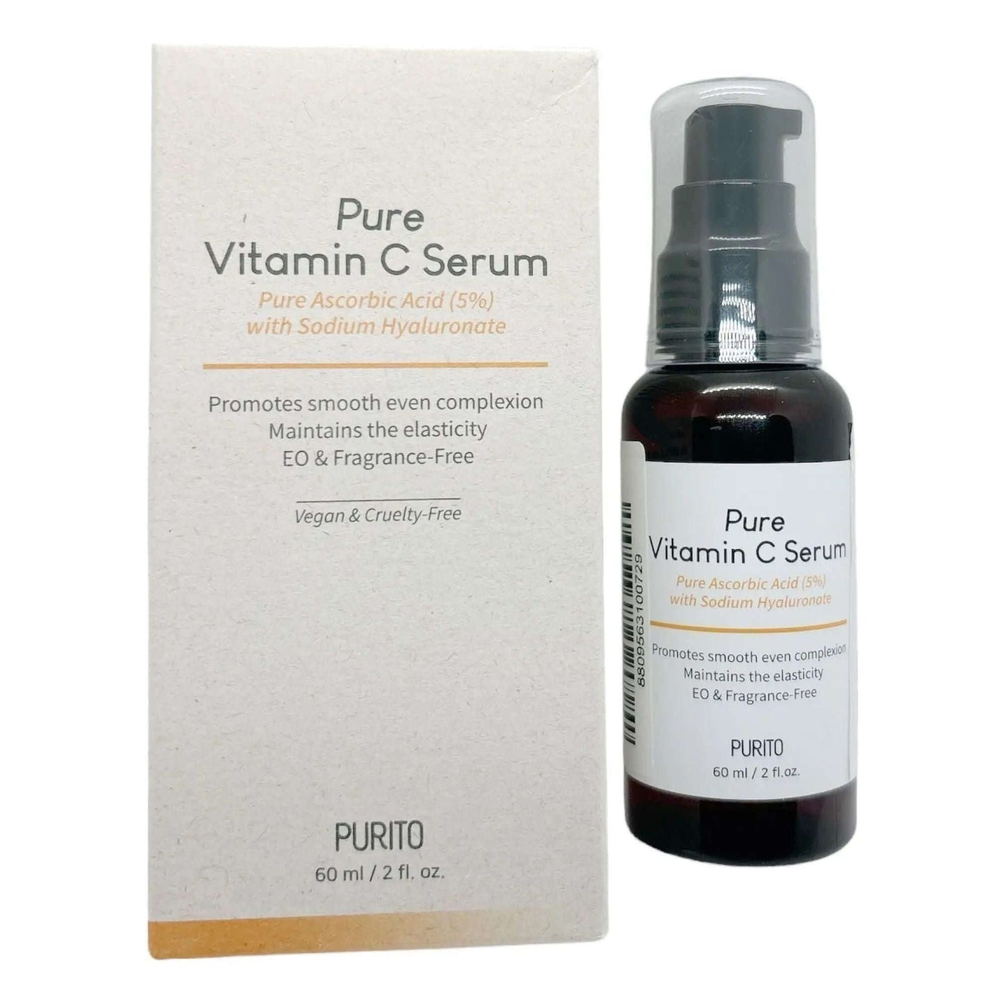 PURITO Pure Vitamin C Serum 60ml in a dark glass bottle with a box highlighting its benefits and ingredients.