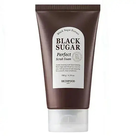 SKINFOOD Black Sugar Perfect Scrub Foam 180g tube for all skin types, gentle exfoliation with black sugar.