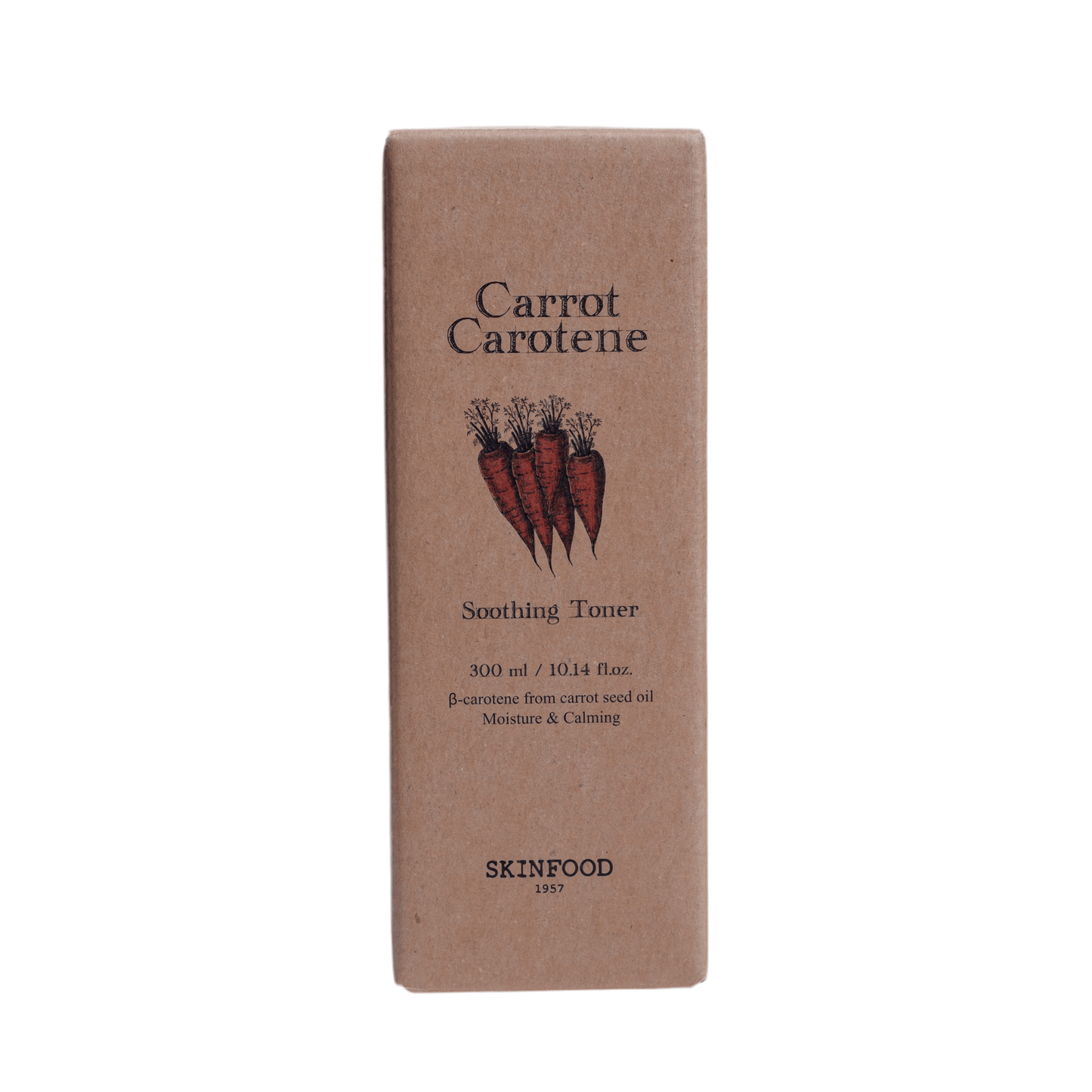 SKINFOOD Carrot Carotene Soothing Toner 300ml packaging highlighting moisturizing and calming benefits.