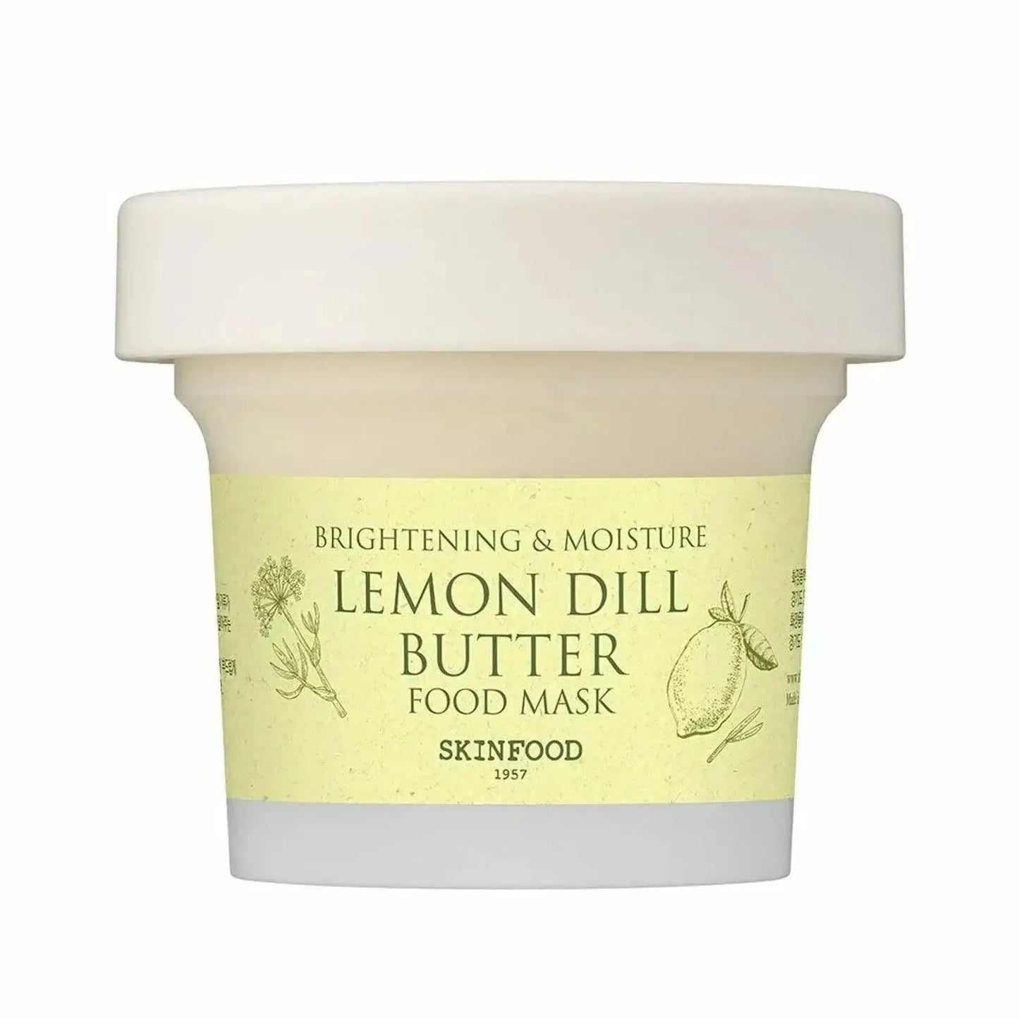 SKINFOOD Lemon Dill Butter Food Mask 120g in a jar, designed for brightening and moisturizing skin.