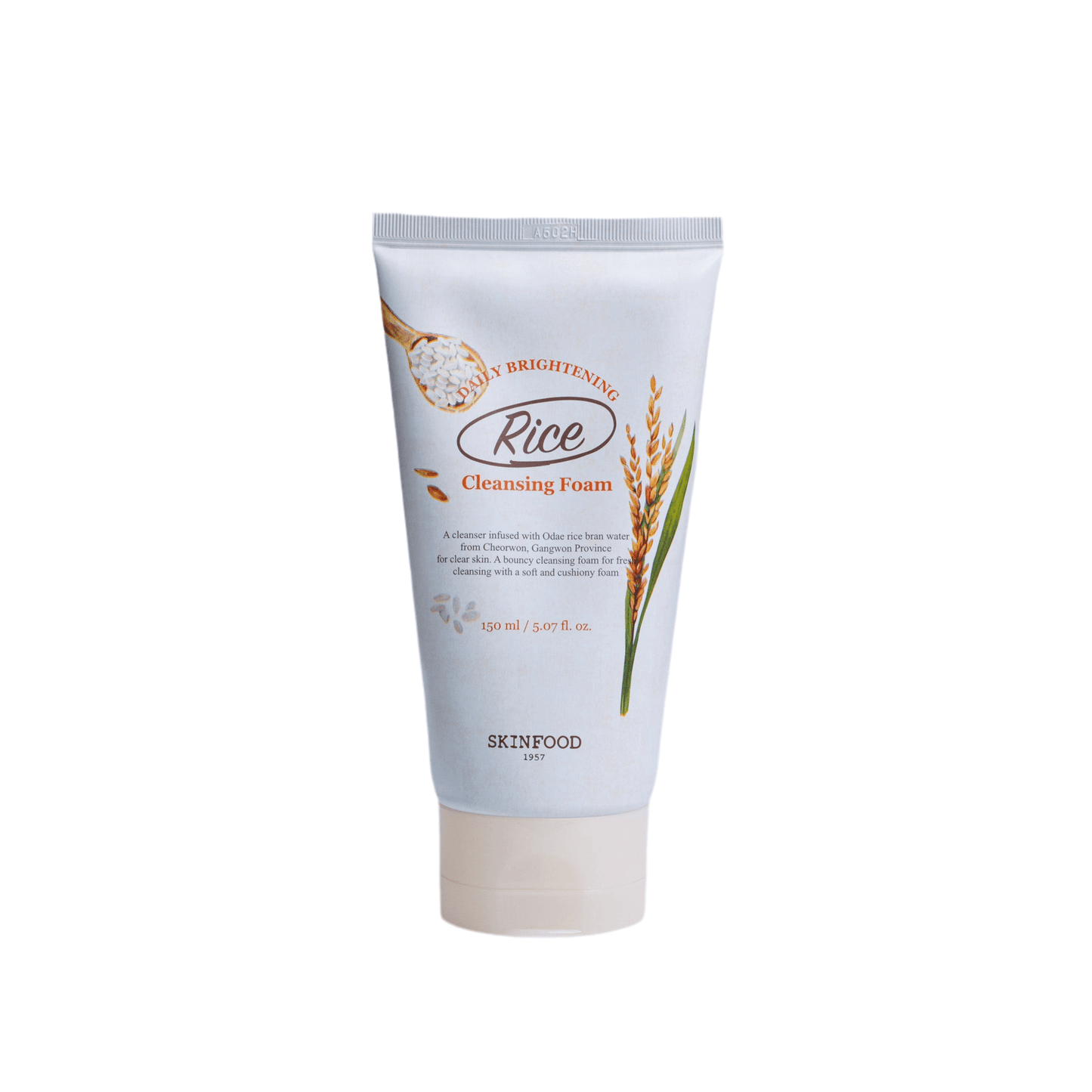SKINFOOD Rice Daily Brightening Cleansing Foam 150ml packaging with rice and cleansing foam details.