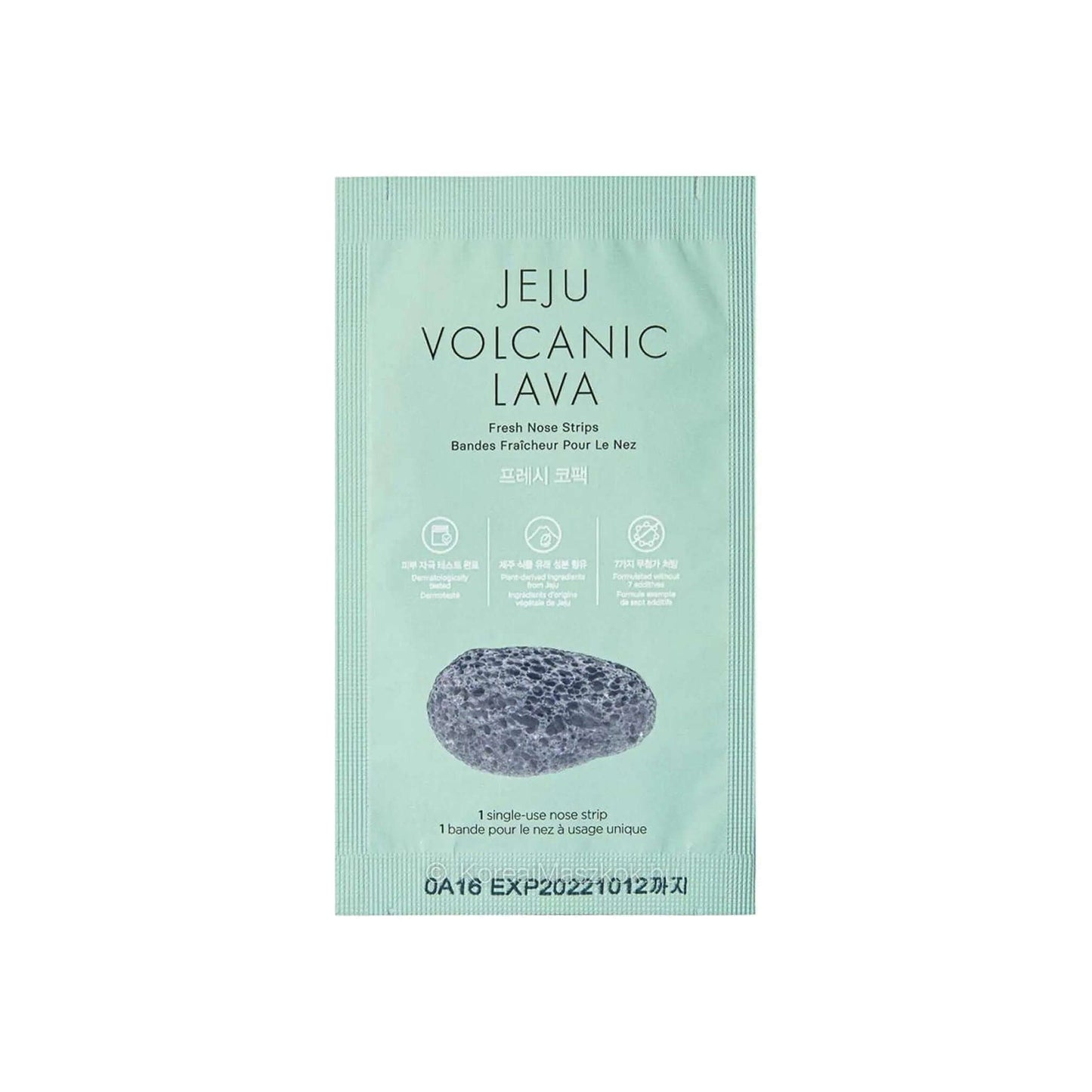 The Face Shop - Jeju Volcanic Lava Fresh Nose Strips package showcasing blackhead removal benefits.