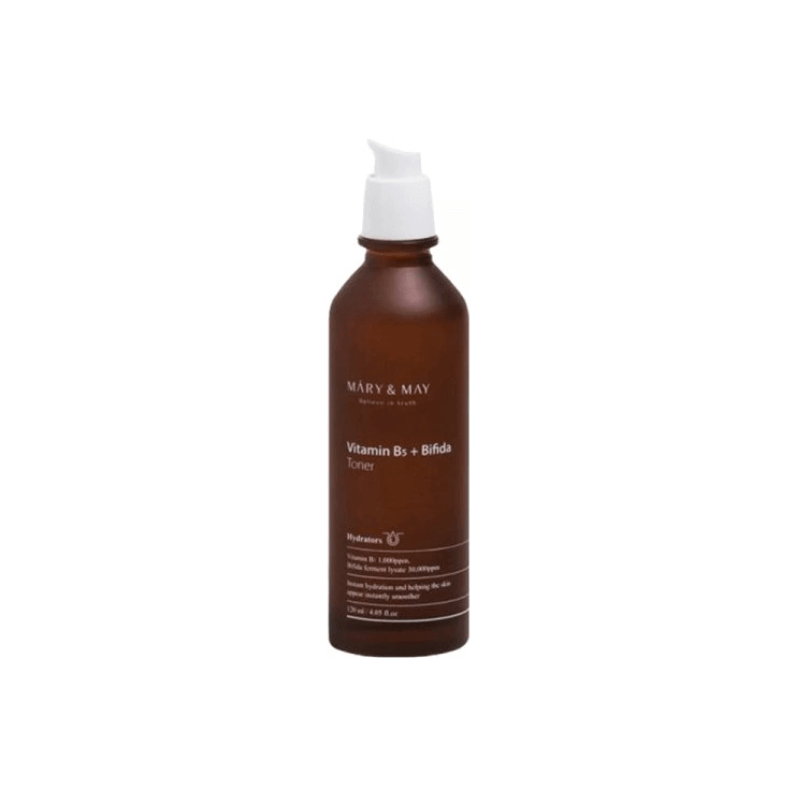 Mary & May Vitamin B5+Bifida Toner in a brown bottle with a pump for hydrated, radiant skin.
