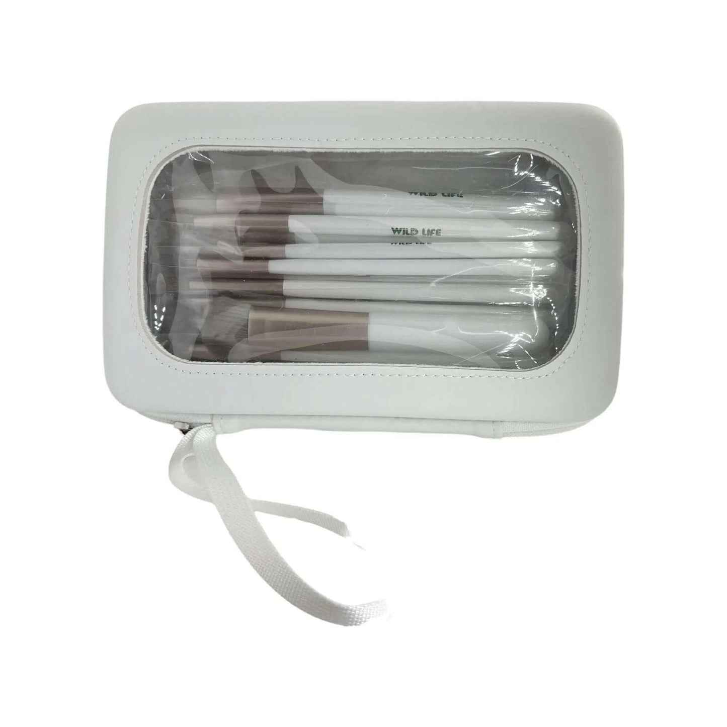 WILD LIFE Make-up Brush set 18pcs stored in a sleek white travel bag with clear window for easy access.