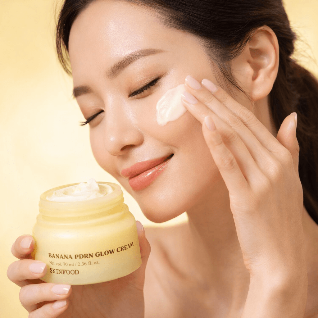 Vegan PDRN anti-aging skincare cream applied on the face, showcasing radiant skin and glowing complexion.