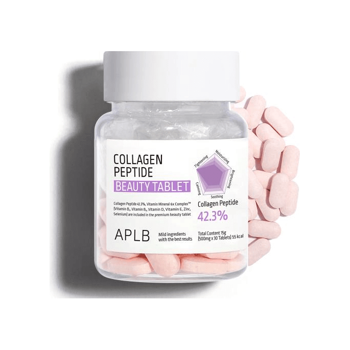 APLB Collagen EGF Peptide E Beauty Tablet in a bottle with pink tablets, promoting skin elasticity and hydration.