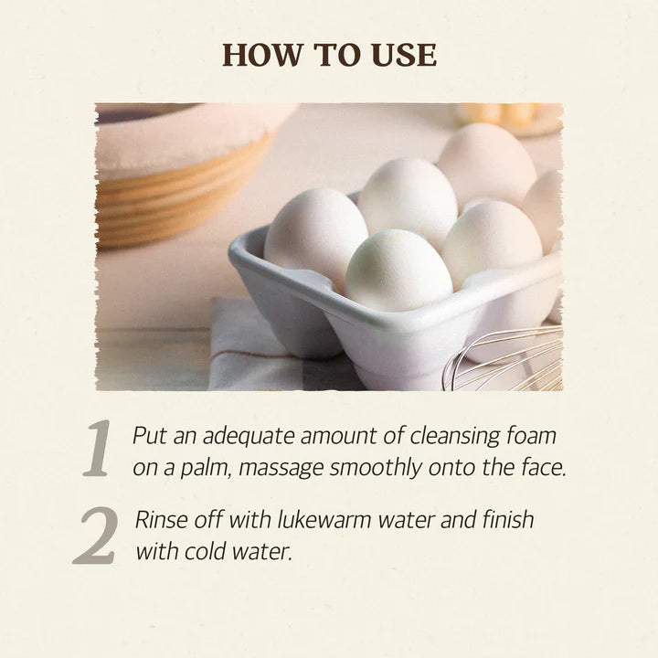 How to use SKINFOOD Egg White Perfect Pore Cleansing Foam: 1. Apply cleansing foam, 2. Rinse with water.