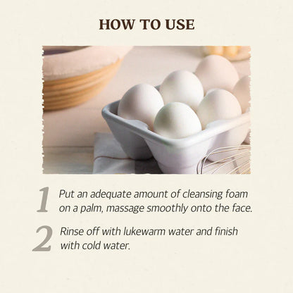 How to use SKINFOOD Egg White Perfect Pore Cleansing Foam: 1. Apply cleansing foam, 2. Rinse with water.