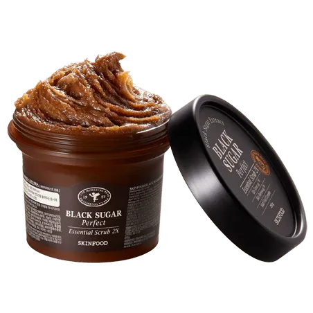 SKINFOOD Black Sugar Perfect Essential Scrub 2X with open lid showing scrub texture.
