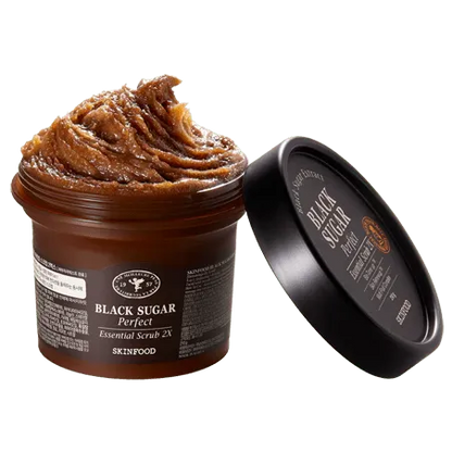 SKINFOOD Black Sugar Perfect Essential Scrub 2X with open lid showing scrub texture.