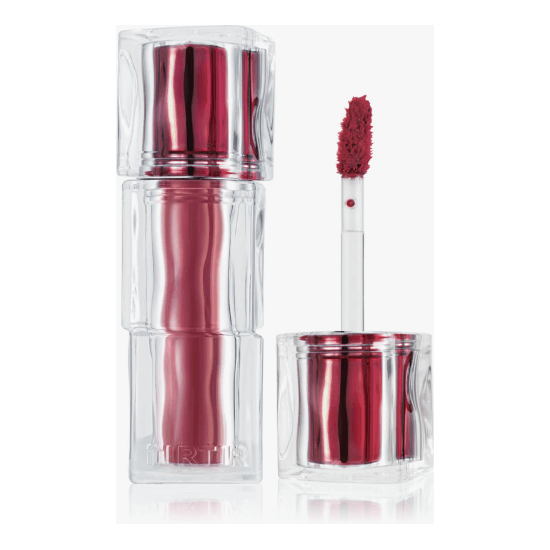 TIR TIR Hydrating & Glowlasting Waterism Glow Tint in clear packaging with applicator and rich red shade.