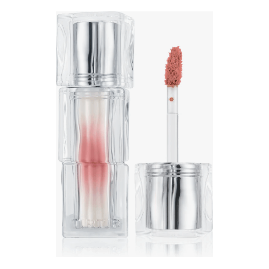 TIR TIR Hydrating & Glowlasting Waterism Glow Tint in a clear tube with a precision applicator, showcasing a radiant lip color.