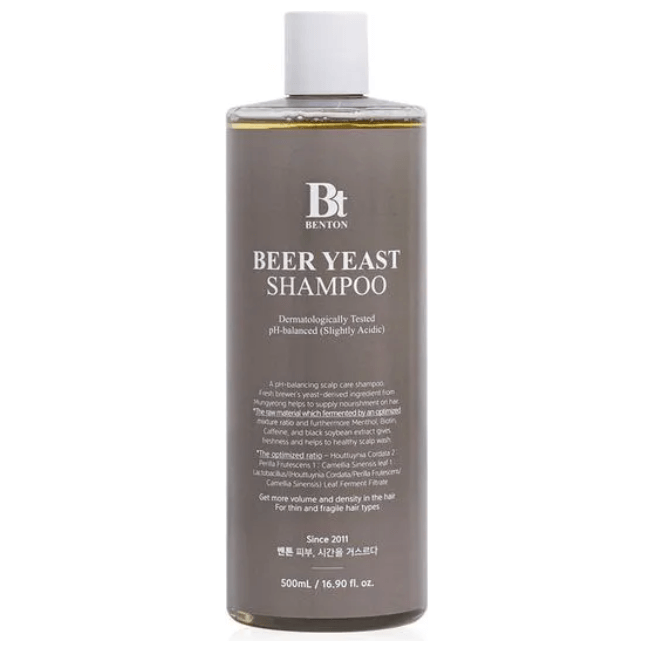 BENTON Beer Yeast Shampoo bottle with nourishing ingredients for hair loss relief and scalp care.