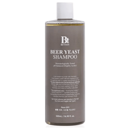 BENTON Beer Yeast Shampoo bottle with nourishing ingredients for hair loss relief and scalp care.