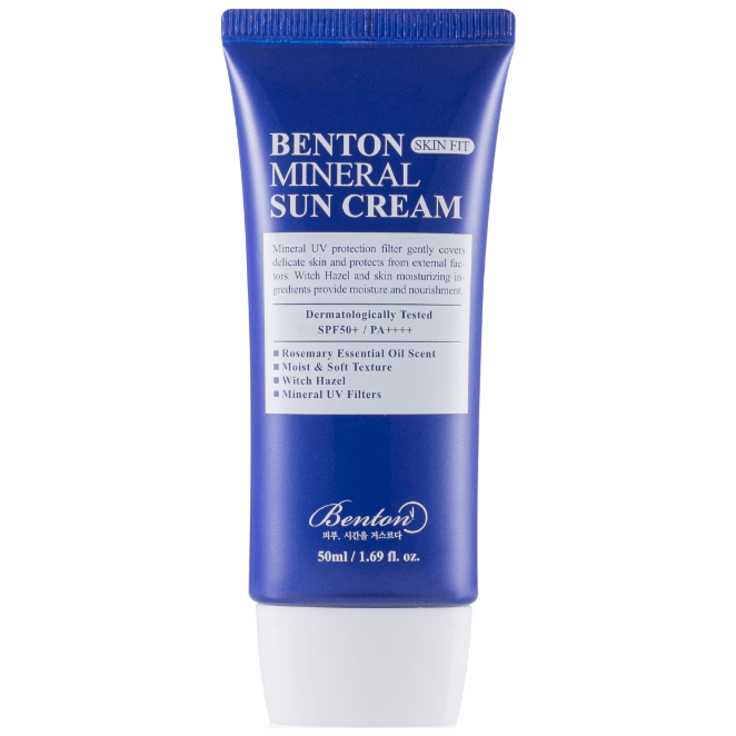 BENTON Skin Fit Mineral Sun Cream SPF50+, PA++++ in blue tube with rosemary scent and mineral UV filters.
