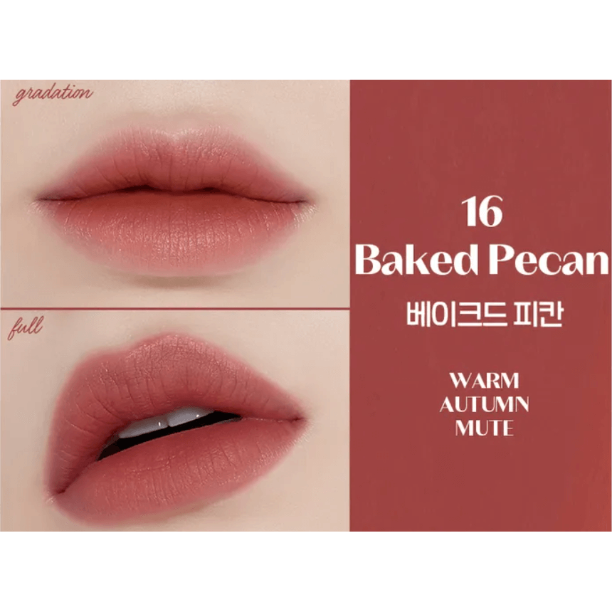 ETUDE Fixing Tint in Baked Pecan shade showing gradation and full lip look with warm autumn tones.