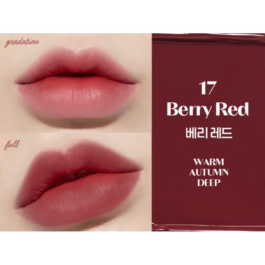 ETUDE Fixing Tint in Berry Red showing gradation and full lip application.
