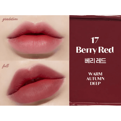 ETUDE Fixing Tint in Berry Red showing gradation and full lip application.