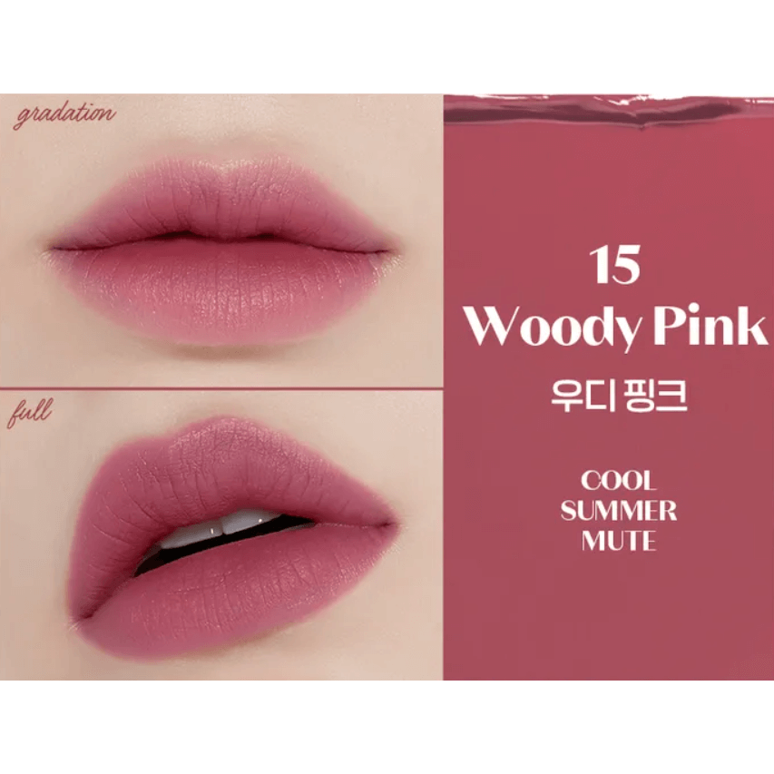 ETUDE Fixing Tint swatches in Woody Pink showcasing gradation and full lip looks.