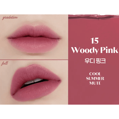 ETUDE Fixing Tint swatches in Woody Pink showcasing gradation and full lip looks.