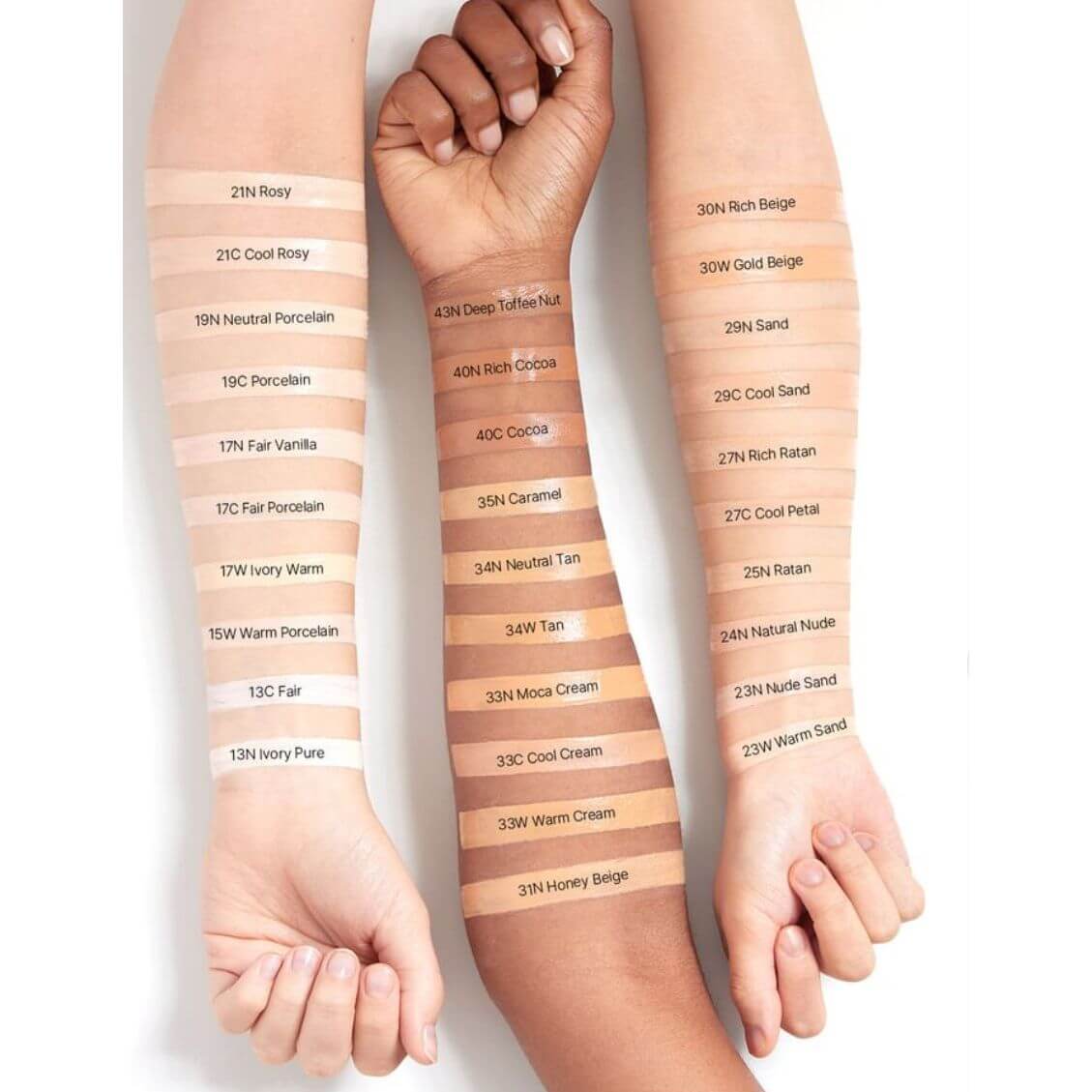 Parnell - Cicamanu Serum Cushion shade comparison swatches showcasing diverse skin tones and foundation shades.