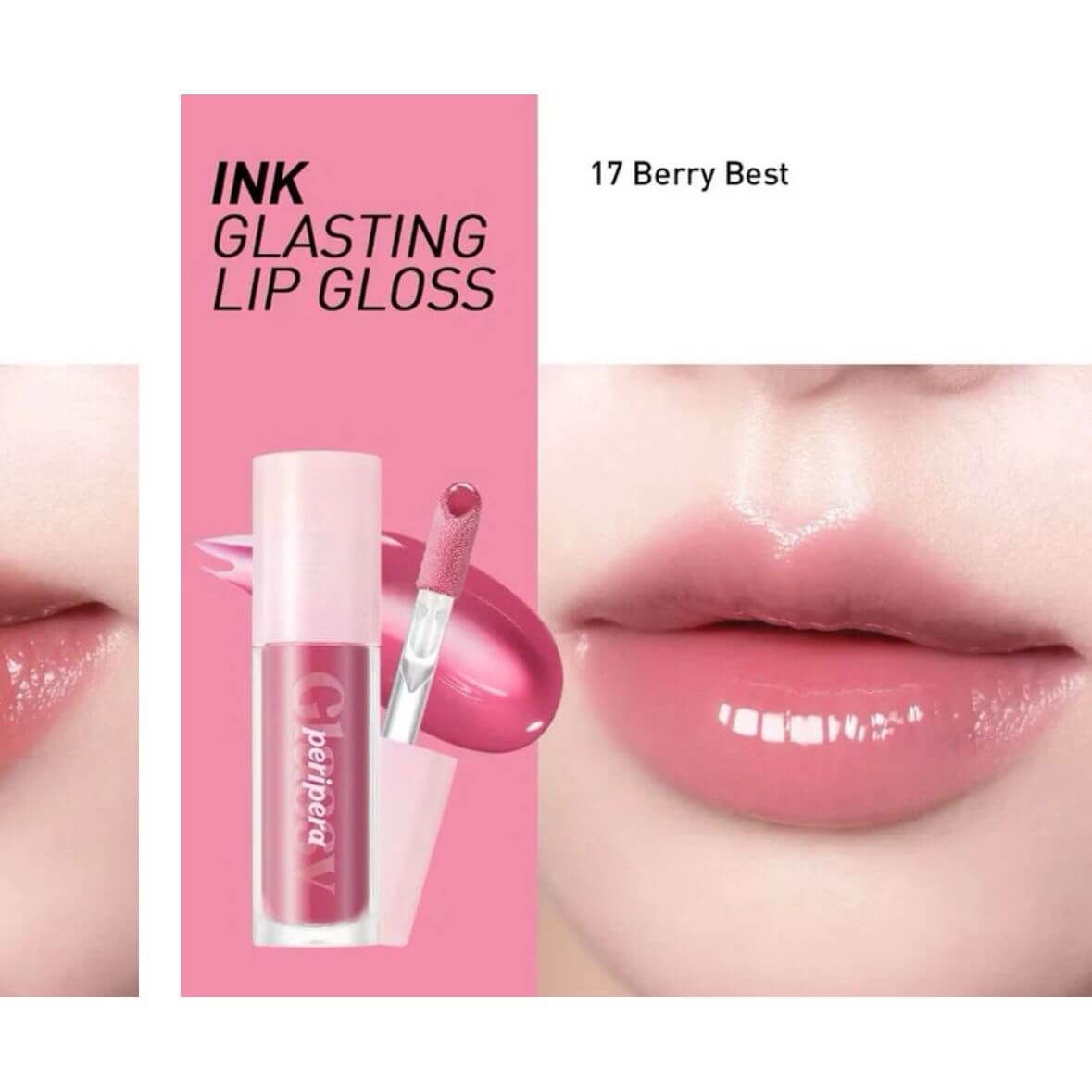 Peripera Ink Glasting Lip Gloss in 17 Berry Best, showcasing glossy lips and applicator for a bouncy shine.