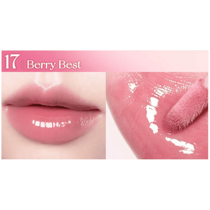 Peripera Ink Glasting Lip Gloss in Berry Best shade showcasing glossy lips and applicator.