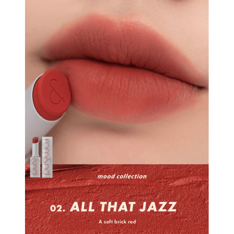rom&nd Zero Matte Lipstick in soft brick red shade, perfect for daily wear and effortless application.