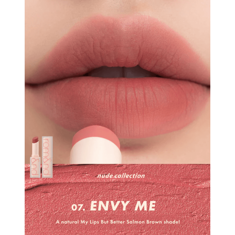 rom&nd Zero Matte Lipstick in shade Envy Me, a natural salmon brown, showcased on soft, matte lips.