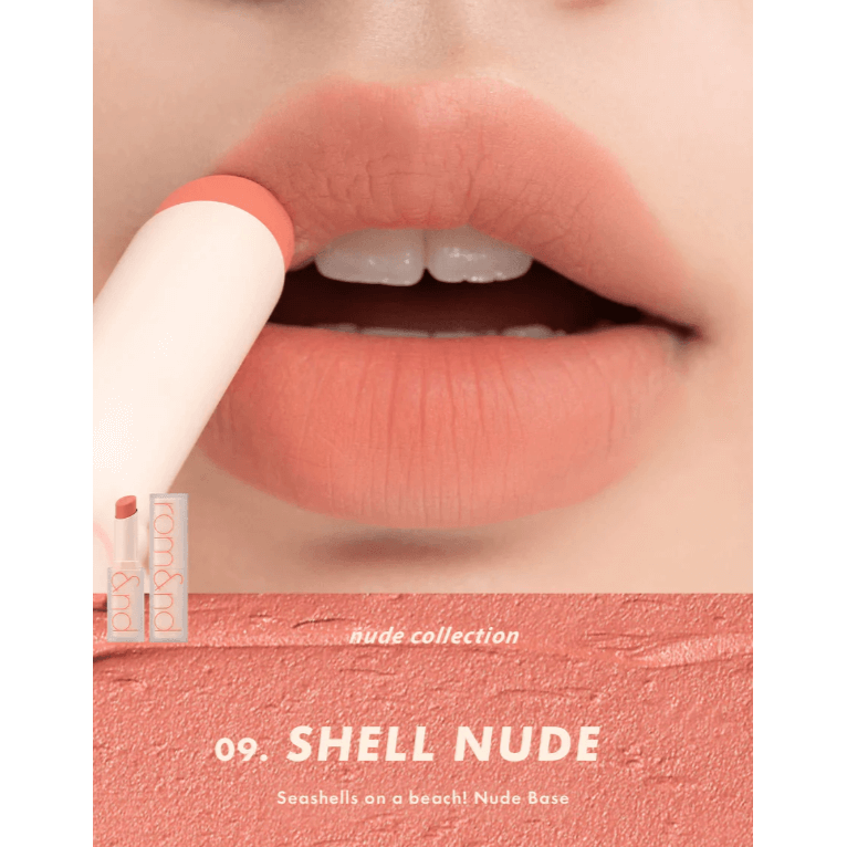 rom&nd Zero Matte Lipstick in Shell Nude, showcasing a nude lip look with a soft matte finish.