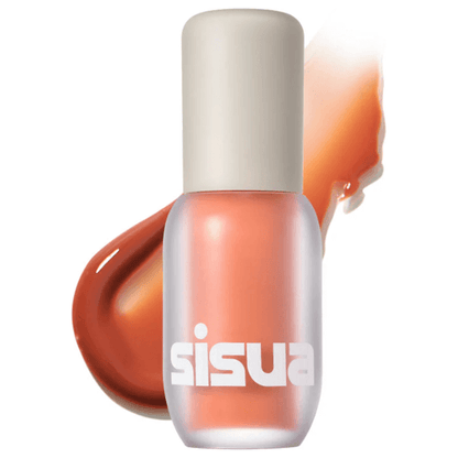 UNLEASHIA Sisua Popcorn Syrup Lip Plumper in a glass bottle with a glossy finish and a brown backdrop.
