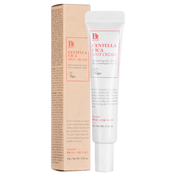BENTON Goodbye Redness Centella Cica Spot Cream tube and packaging for reducing redness and blemishes.
