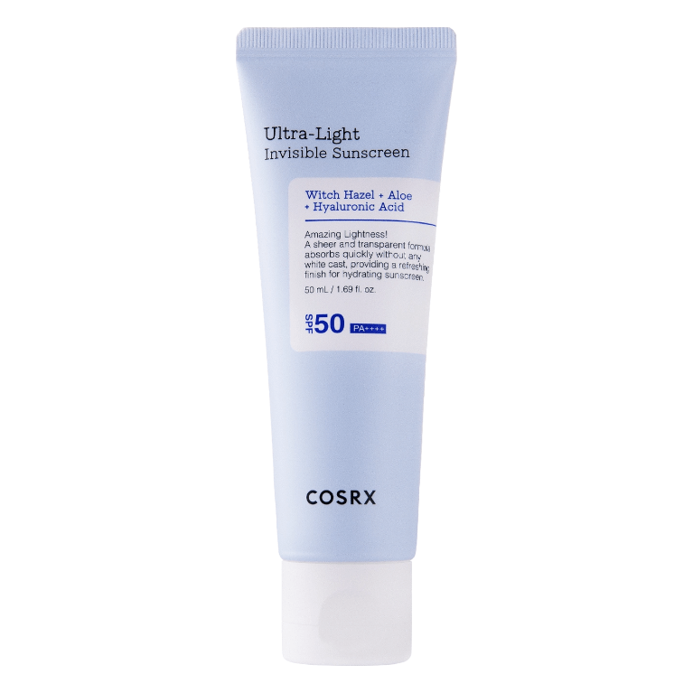 COSRX - Ultra - Light Invisible Sunscreen SPF50+ PA++++ in a blue tube for UVA/UVB protection and hydration.