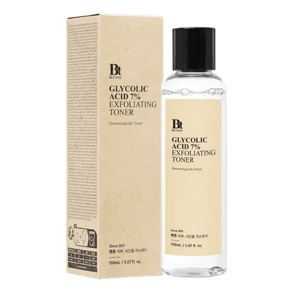 BENTON Glycolic Acid 7% Exfoliating Toner in a bottle with packaging, promotes smooth and clear complexion.